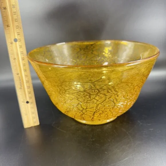 Studio Art Glass Large Bowl Dish Yellow Lava Texture HandBlown Glass Centerpiece
